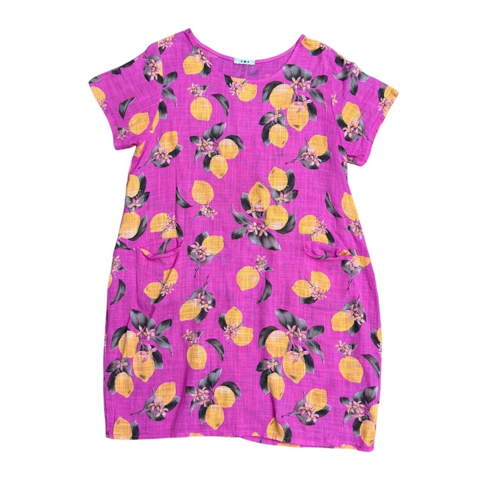 Italian Pink Lemon fruit Print Cotton Shift Dress Short Sleeve Pockets euro
